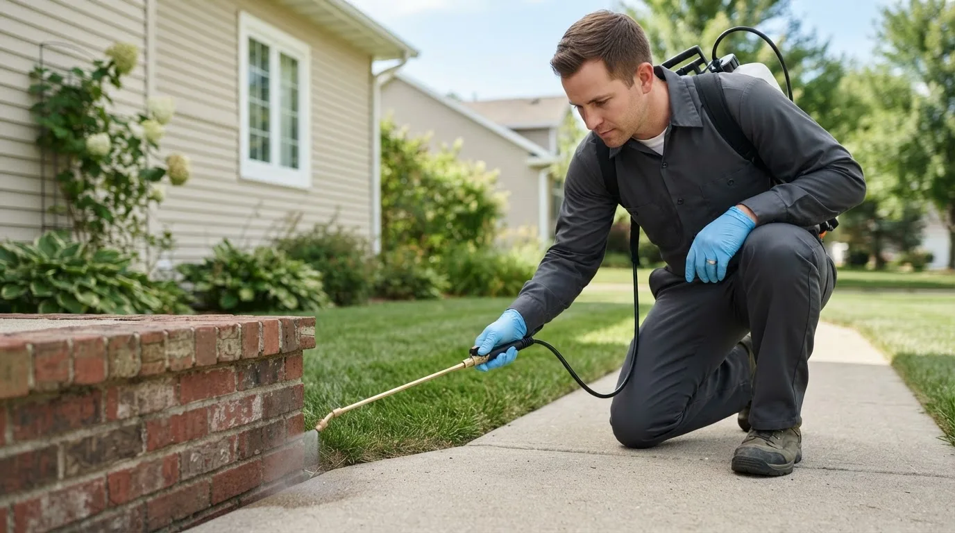 Pest control technician treating a home near Trumbull, CT